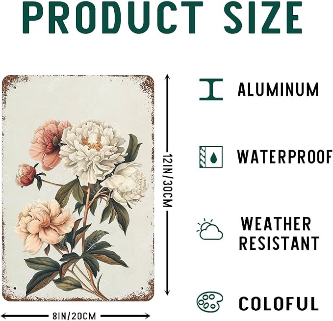 Flowers Metal Signs Peony Sign Vintage Tin Sign Retro Wall Art Decor for Living Room Bedroom Garden Yard Shop Bar 8×12 Inches