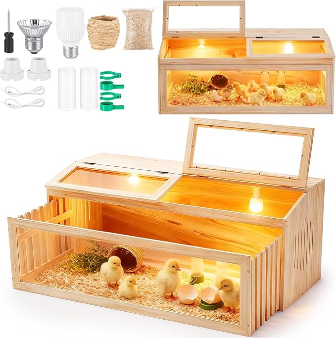 Large Brooder Box Kit for Chick 40 x 16 x 16 in Wooden Brooder with a Pull Out 15in Wide Extension Space, Heating Bulb, Feeder, Waterer, Holds up to 35 Chicks, for Poultry, Duck, Quail, and Small Pet