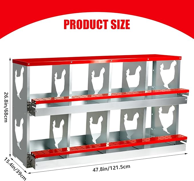 Chicken Nesting Box for Laying Eggs,8 Hole Roll Away Nesting Boxes,Chicken Laying Boxes with Large Vented Holes,Wall-Mountable Chicken Coop Nesting Boxes,Metal Laying Boxes for Hens,Ducks(Red)