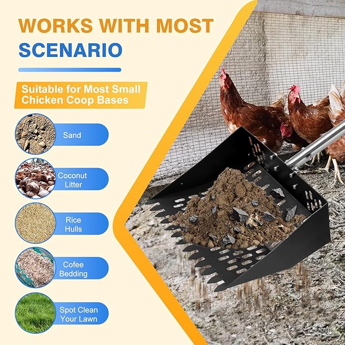 Chicken Poop Scooper for Sand 2-in-1 with Ergonomic Grip, 22 to 64" Adjustable Handle for Chicken Coop Scoop, Large 10 Inch Litter Sifting Shovel with Rake, Cleaning Tools for Coops & Animal Farm