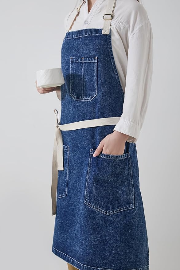 Cotton Denim Apron Soft - Unisex Adjustable Bib Apron with 5-Pockets Perfect for Kitchens