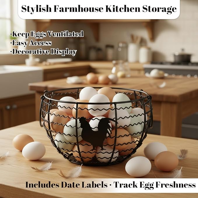 Rtteri 3 Pack Egg Basket for Gathering Fresh Eggs with Metal Handle Wire Egg Collecting Basket with Label Round Holder Countertop Rustic Farmhouse Vintage Rustic Farmhouse Kitchen Decor Fruit Storage