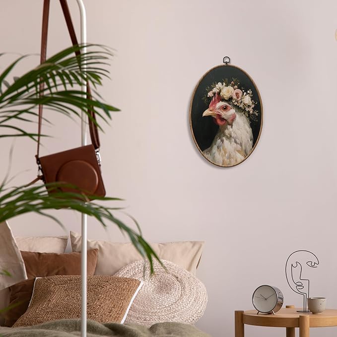 Yorhifa Vintage Floral Chicken Framed Wall Art, Cottagecore Flower Rooster Oval Wall Art, Rustic Farmhouse Chicken Oval Walls Decor, Country Farm Animal Canvas Artwork Hanging Decor, 8.5x11.5in