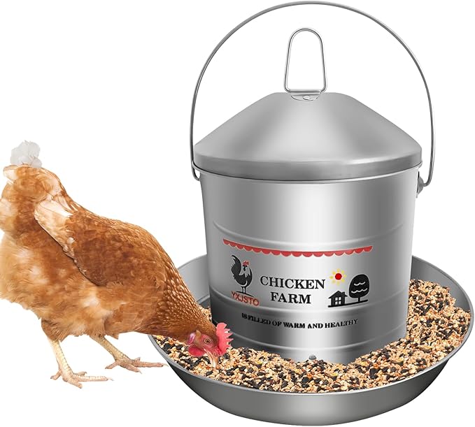 17.6 Lb Stainless Steel Poultry Feeder, Automatic Chicken Feeder No Waste, Hanging Chicken Feeder Heavy Duty Reliable Long-Lasting with Handle, Top Filled
