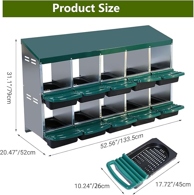 Chicken Nesting Box, 2-Tier Chicken Laying Boxes for Hens, 10 Hole Nesting Boxes for Chickens, Roll Away Nest Box for Laying Eggs, Roll Out, Easy Egg Collection (Green, 10-Holes Without Legs)