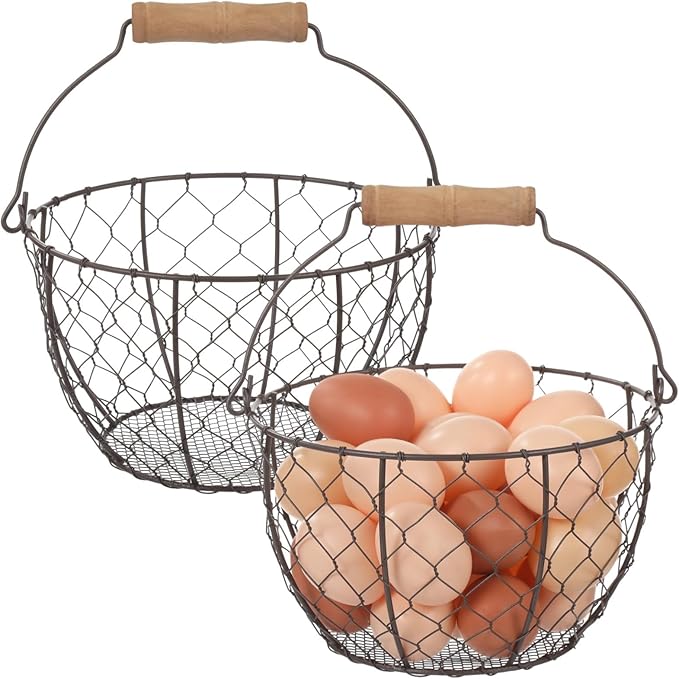Farmhouse Style Chicken Egg Baskets, 2 Pcs, Metal Egg Holders with Wooden Handle, Stackable Storage for Fruits, Vegetables, and Sundries