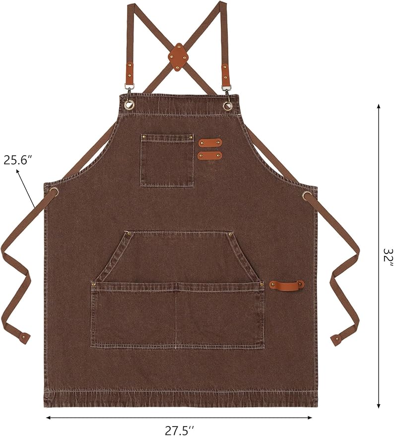 Denim Bbq Apron for Men Women with Pockets Adjustable Cross Back Chef Aprons for Kitchen Cooking Grilling Working