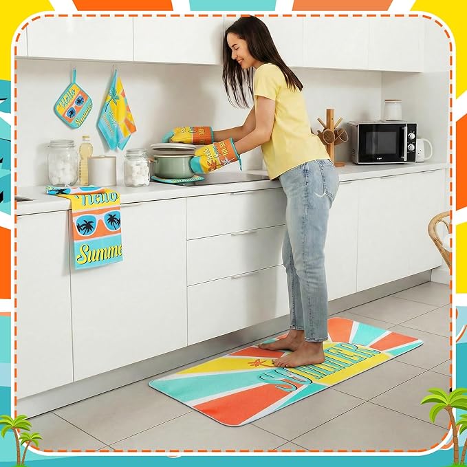 10 Pcs Hello Summer Kitchen Decor and Accessories Sunshine Beach Oven Mitts and Pot Holders Set Sunglass Dish Towels Boho Kitchen Decor Palm Gloves for Baking Cooking Grilling BBQ Women Gift