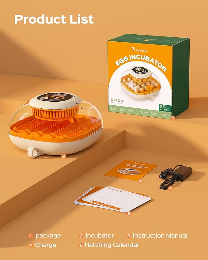 Chickcozy 25 Egg Incubator, Automatic Egg Turner with Thermometer Seat and Humidity Control, Egg Candler, 360° View with Clear Window, Incubators for Hatching Chicks (Sunlit Orange)