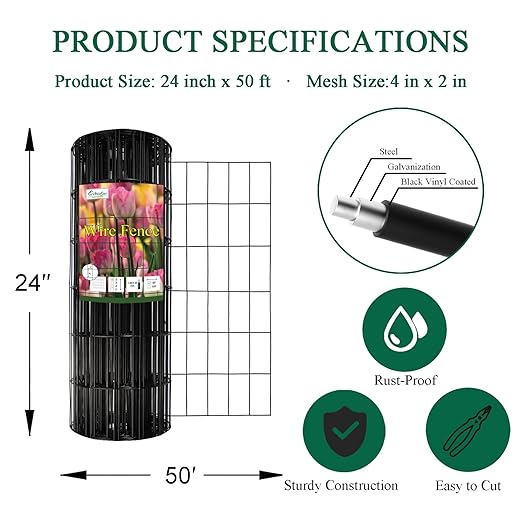 Black PVC Coated Welded Wire Fence 24 Inch x 50 Foot, 2 Inch x 4 Inch 14GA, Garden Border Fencing Roll Vinyl Coated Wire Mesh for Yard Vegetable Plant Protection Poultry Netting
