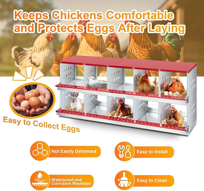 10-Compartment Chicken Nesting Box with Roll-Away Egg Collection - Metal Laying Box for Hens and Ducks, Features Pull-Out Tray & Swing Perch, Wall Mount Design for Coops