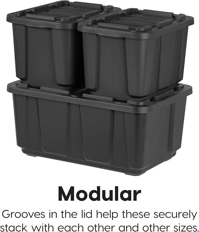 IRIS USA 4-Pack 27 Gallon Storage Bins with Lids |Made in USA| Heavy Duty Plastic Tote Containers for Truckbed Tool Box Organization, Large - Black