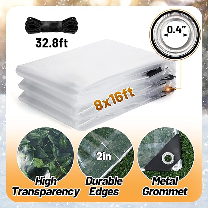 8x16ft Clear Tarp Heavy Duty Waterproof for Patio Winterizing - 5 mil Anti-Tear Snowproof & Windproof Clear Plastic Tarps with Grommets for Winter Garden Patio Enclosure Chicken Coop
