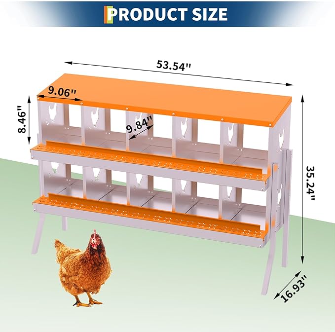 Chicken Nesting Boxes,10 Compartments Galvanized Steel Metal Laying Boxes with Leg,Pull-Out Egg Box Easy Egg Collection & Clean,Wall Mount Suitable for Farm Chicken House,Orange