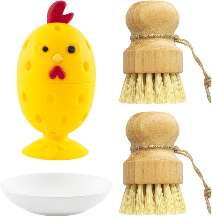 Silicone Egg Brush Cleaner,Multipurpose Fresh Eggs Fruit and Vegetable Rotating Scrubber Tool,and Sisal Wooden Brush with Ceramics Holder Reusable Cleaning Tools for Cleaning Eggs&Vegetables, Pans