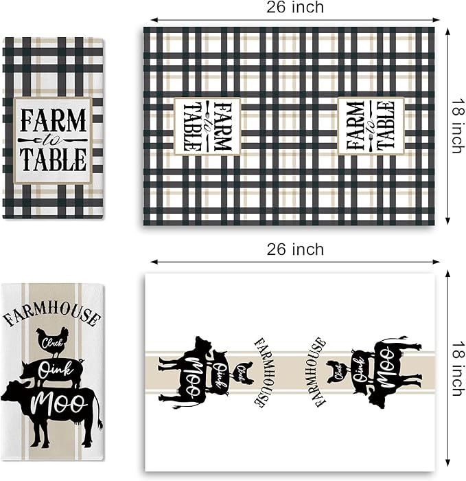 Farmhouse Animals Kitchen Dish Towels Set of 2, Chicken Pig Cow Chick Oink Moo Drying Hand Towel Baking Cooking Cloth, Farm to Table Buffalo Plaid Bathroom Home Decoration 18'' x 26''