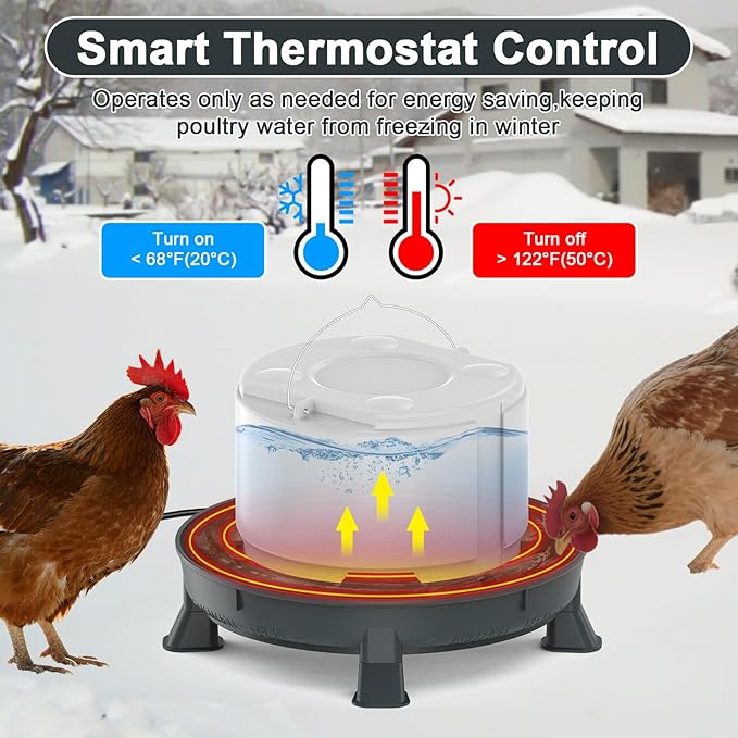 4.28L Heated Chicken Waterer for Winter, 84W Freeze-Proof Chicken Water Heater with Thermostat Control, Heated Poultry Waterer for Chicks Turkey Goose Duck Pigeon, Detachable Legs,Hanging/Standing Use