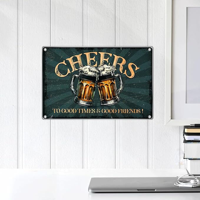 Vintage Bar Decor Pub Cheers Metal Sign 12 x 8 Inch Wall Decoration For Man Cave Home Beer Lovers To Good Times And Friends Plaque Art Aluminum Outdoor Kitchen Indoor