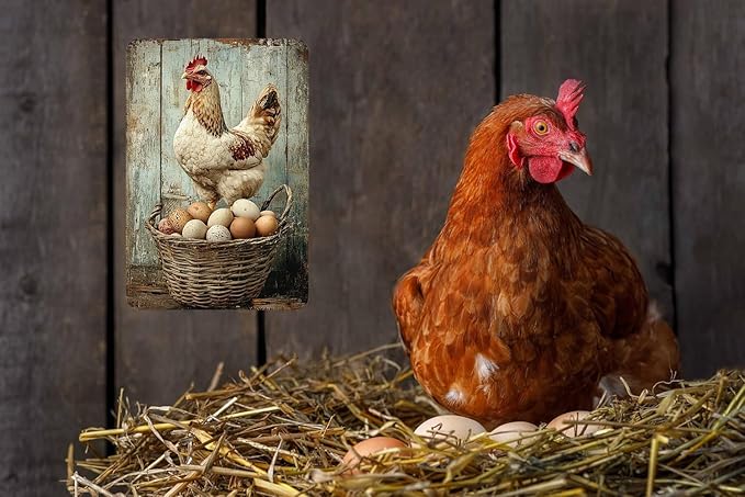 Retro Funny Chicken Tin Sign,Vintage Chicken Coop Metal Poster, Farm Wall Art Decor for Outdoor Home Fence Kitchen Bedroom,Gifts 8×12 Inches (CHICKEN&EGG)