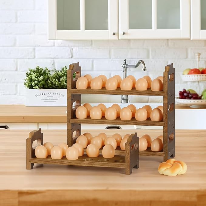Wooden Egg Holder Countertop Fresh Chicken Egg Holders Storage for Gathering Fresh Eggs, 4-Tier Stackable with 48 Eggs, Farmhouse Home Eggs Rack Organizer Decoration