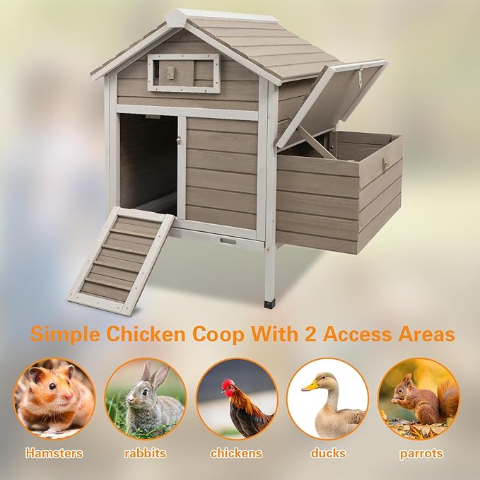 Chicken Coop Rabbit Hutch with Removable Trays,Raised Floor Hen House with Nesting Box,Wooden Outdoor Poultry Cage Pet House with Ramp Run Hen Cage for Garden Backyard(Grey)