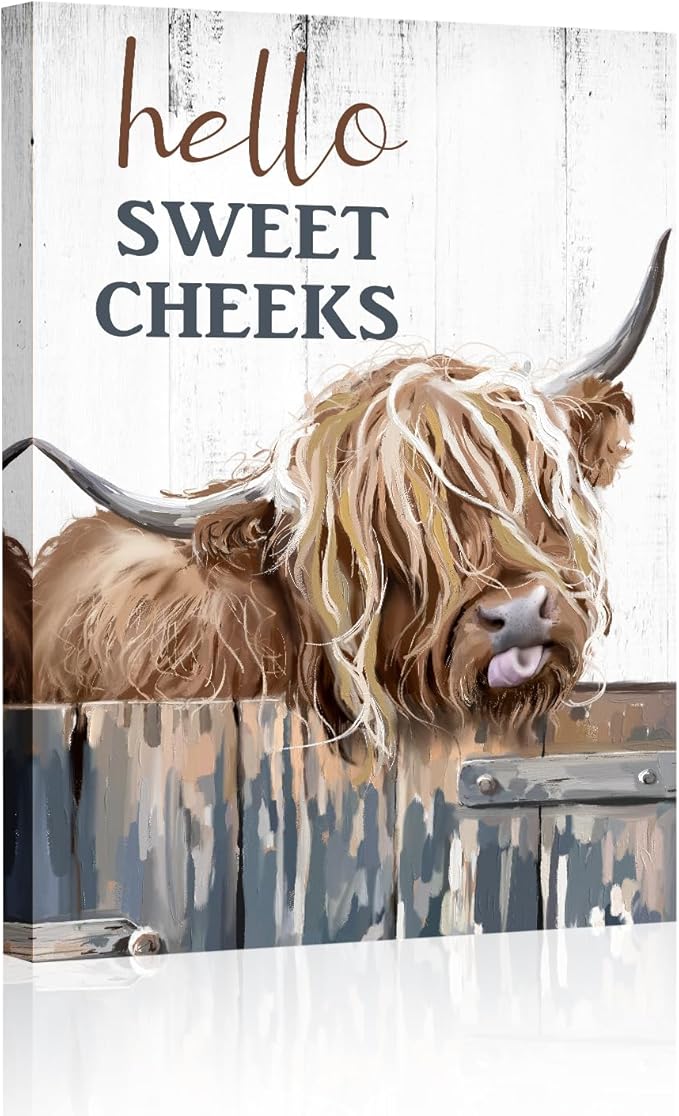 Highland Cow Pictures Wall Decor:Hello Sweet Cheeks Bathroom Decor Cow Paintings Canvas Prints Poster Rustic Farmhouse Highland Cow Wall Art Country Living Room Bedroom Home Decor 10" X 15"