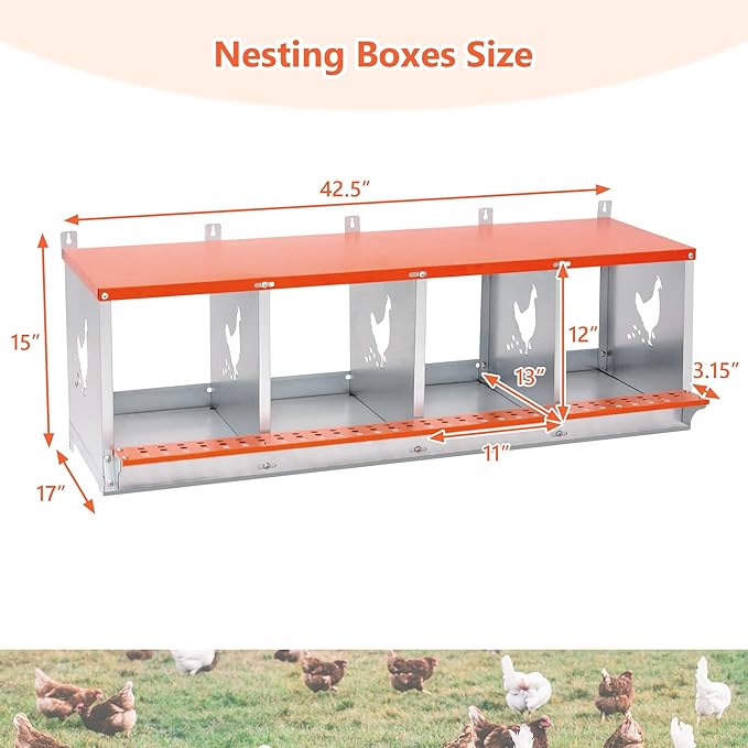 Chicken Nesting Boxes，Nesting Boxes for Chicken Coop 4 Compartment Chicken Laying Boxes with Soft Chicken Nesting Pads &Vented Holes,Nest Box Wall Mount for Hens, Ducks, Birds Orange