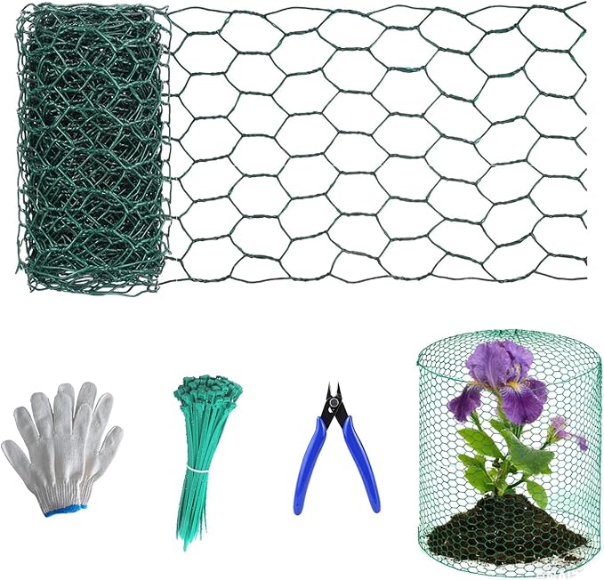 Chicken Poultry Wire Fencing,4inx10ft Vinyl Coated Hardware Cloth Rust-Resistant Hexagonal Mesh Roll with Snips/Gloves for Vegetable/Garden/Pets/Plants/Netting