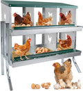 6 Compartment Chicken Nesting Box - Heavy Duty Metal Coop with Roll Away Egg Collection, Perch, Lid Cover for Egg Protection - Wall Mount/Free Standing Nest Box for Chickens, Hens, Ducks