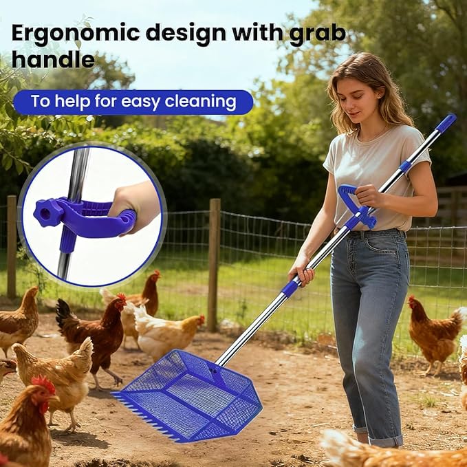 2026 Latest 12inch 2-in-1 Chicken Poop Scooper & Rake with Handle, Heavy-Duty Metal Chicken Coop Scoop for Sand Sifting Shovel Litter Scooper for Farm House Chicken Coop Cleaning Tools Accessories