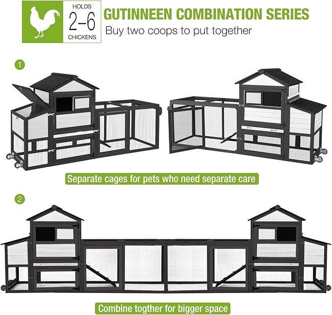 GUTINNEEN Mobile Chicken Coop with Wheels for 2-4 Chickens, Expandable Wooden Hen House with Divided Nesting Box, Reinforced Coop Balcony, Roosting Perch, Metal Pull-Out Tray, 82.4" L (Black ＆ White)