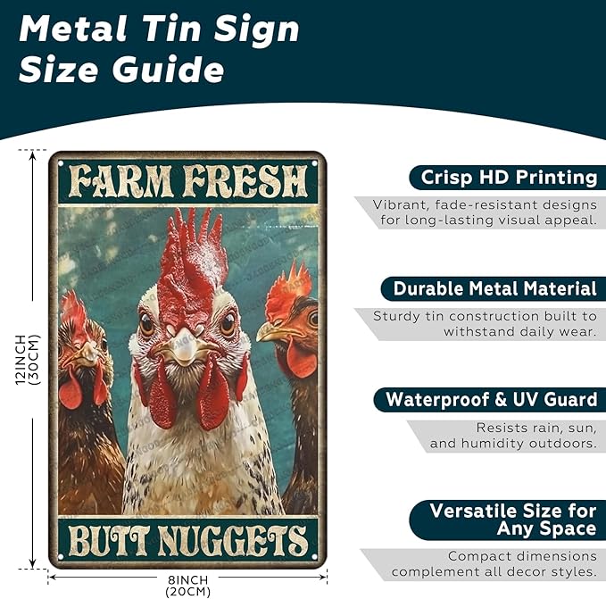 Rustic Metal Tin Sign Chicken Farm Fresh Butt Nuggets Wall Art Retro Plaque For Kitchen Bar Farmhouse Iron Painting 12x8 Inch