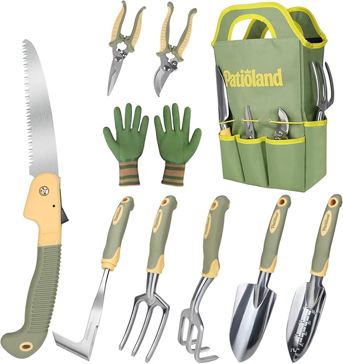 10-Piece Garden Tool Set, Green Gardening Hand Tools Kit with Non-Slip Handles, Heavy Duty Rust-Proof Aluminum Tools, Organizer Tote Bag & Gardening Gloves, Ideal Gardening Gifts for Men and Women