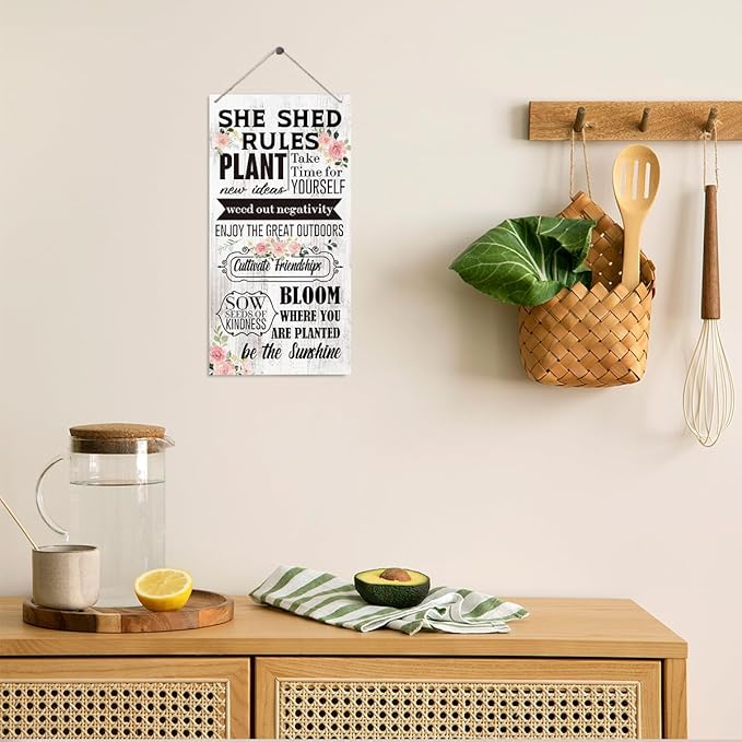 Inspirational Wood Sign, She Shed Rules Plant New Ideas Sign, Girls Room Decor, Bedroom Wall Decor, Office Decor, Decorative Wood Hanging Wood Plaque, Encouragement Gift for Her Women Friends