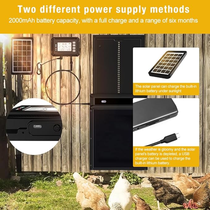 Large Size Automatic Chicken Coop Door Solar Powered Chicken Door with Independent LCD Display and Remote Control, Anti-Pinch & Aluminum Alloy Weather Proof Electric Coop Accessories with 4 Modes