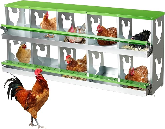 Chicken Nesting Box,Heavy Duty Metal Nest Boxes,10 Hole Roll Away Nesting Boxes,with Large Vented Holes,Wall-Mountable Chicken Coop Nesting Boxes,for Chickens,Ducks,Large Egg Boxes (Green 10 Hole)