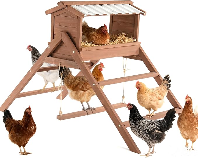 Chicken Perch for Coop, 3 in 1 Design-Nesting Box with All Weather PVC Roof+Perches+Swing, Indoor & Outdoor Roosting Bar