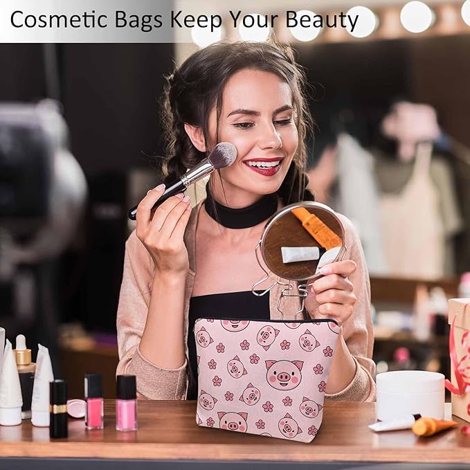 Women Cosmetic Bag Pig, Cute Piggy Pigs Pink Cute Makeup Bag For Purse Cosmetic Travel Bag For Toiletries Makeup Organizers Storage Bag Flax Skincare Bag Make Up Pouch Bags