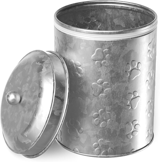 Amici Pet Puppy Paws Small Galvanized Metal Food Canister, 64 Oz Airtight Storage with Handle Lid, Embossed Paw Design for Pet Treats, Snacks, or Kibble - 8" H x 5.5" L, BPA Free