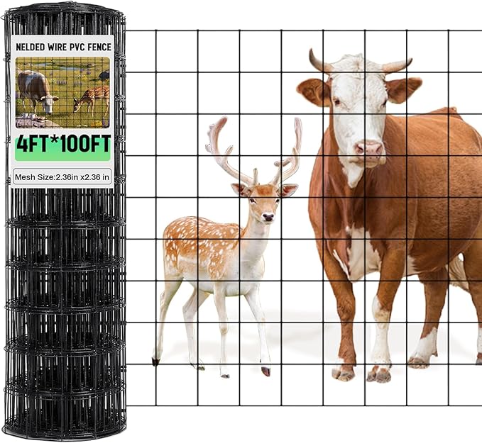 Gisafai Galvanized Welded Wire Fence 4 ft X 100 ft for Dog Chicken Hog Deer Goat Cattle 16GA Garden Border PVC Coated Fencing Roll Border Yard Vegetable Plant Animals Protection Poultry Netting(Black)