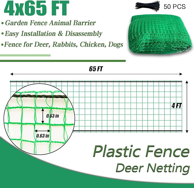 Temporary Fence Plastic Mesh Fencing, 4FT x 65FT Garden Bird Netting Safety Fence Snow Fence, Construction Fencing for Deer, Pet, Rabbits, Chicken, Dogs, Animal Barrier, Green
