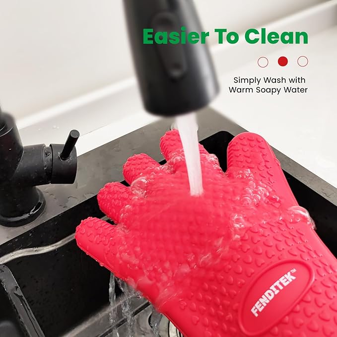 Silicone BBQ Cooking Gloves with Meat Smoker Guide，Heat Resistant Oven Mitts with Fingers，Long Protective Cotton Lined Barbecue Grilling Gloves 1 Pair for Kitchen, Cooking, and Baking Gifts (Red)