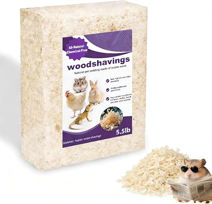 Natural Aspen Shavings Pet Bedding 5.5 Lb, Low-Dust & Chemical-Free, Ultra-Absorbent Cage Litter for Hamsters, Rabbits, Gerbils & Small Animals, Biodegradable Wood Shavings（70L Before Compression）