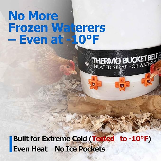 Chicken Water Heater for Winter, 50 Watt Thermo Bucket Belt Heated Strap Fits Most 2-5 Gal Buckets (Turn on Below 68°F and Off at 86°F)