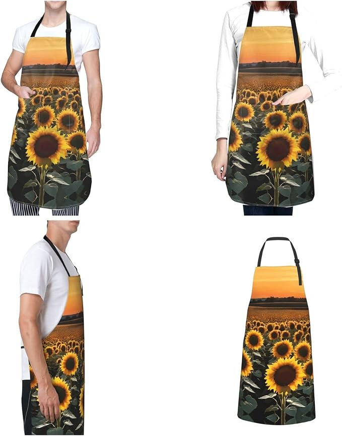 Farm Sunflowers Waterproof Apron For Adults With Two Large Pockets,Adjustable Neck And Waist Ties,Full-Length Bib Design-Polyester Fabric