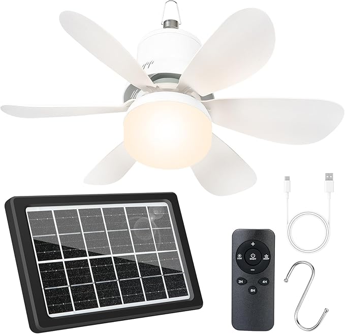 Portable Solar Ceiling Fan with Light & Remote, Dual Type-C/Solar Charging, 3CCT, 5 Brightness, 3 Speeds, 2/4/8H Timer, Tool-Free Setup, 30dB Quiet, Memory Function, 18.5" for Camping, Outdoor