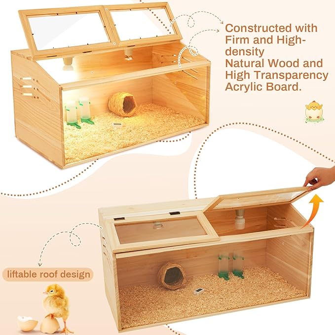 32 x 16 x 16 in Brooder Box for Chicken Quails Stand Sliding Door, Bulb Set and Feeder, Indoor Chicks Coop Brooder Box Kit, for Ducks, Hamsters, Lizards, Mice, Rat(No Legs, Wooden)