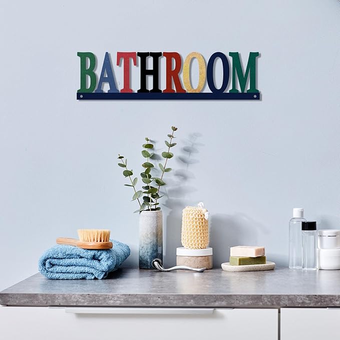 Rustic Metal Bathroom Sign, Bathroom Sign Door Decor, Pop Color Iron Letter Signs for Farmhouse Wall Decor, 14.5x3.7 inches