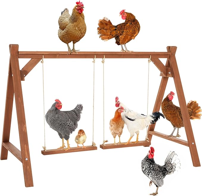 PETSFIT Wooden Solid Chicken Perch & Roosting Bars with 2 Swings, 50"x30"x34" Coop Toy for 6–8 Hens, Multi-Level Stand Encourages Exercise & Natural Behavior, Easy to Assemble & Clean,Outdoor Use
