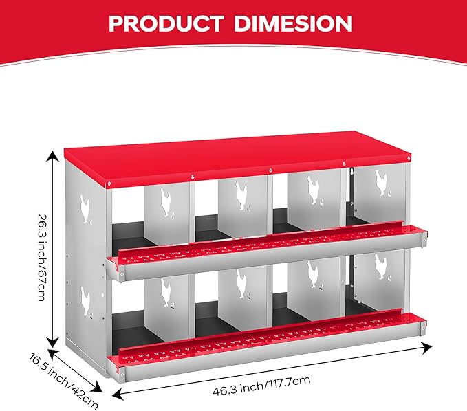 8 Compartment Chicken Nesting Box, 2 Layer Wall Mount/Free Standing Poultry Nest for Chickens, Hens, Ducks, Metal Chicken Laying Boxes with Perch, Secure Lid, Vented Holes for Egg Collection, Red